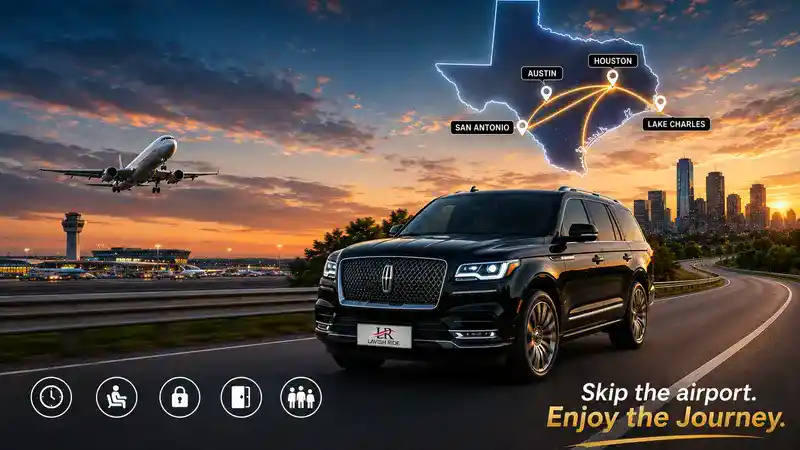 Luxury private car service traveling between Houston and Texas cities with an illuminated Texas route map, airport, airplane, Houston skyline, white service icons, and a premium SUV displaying the official Lavish Ride logo on the license plate alongside the message "Skip the airport. Enjoy the journey."